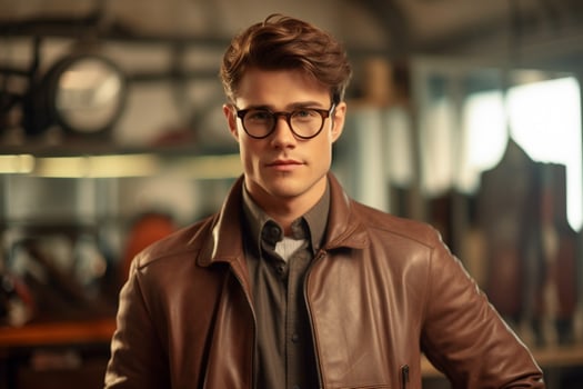 a man wearing a brown leather jacket and glasses photo