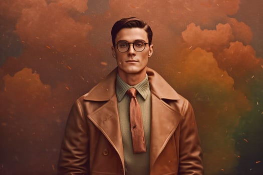 a man wearing glasses and a brown coat with the w photo