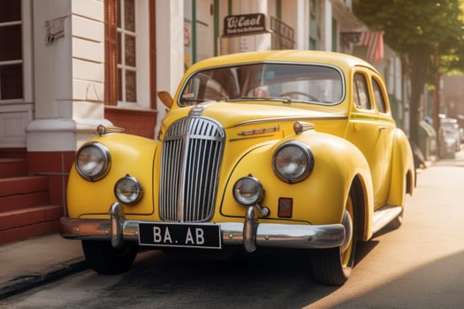 a vintage car with a yellow license plate that says photo