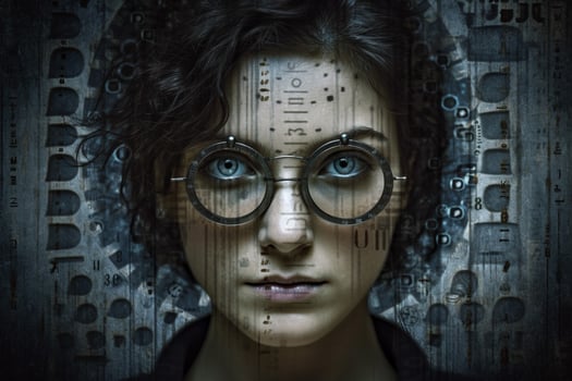 a woman wearing glasses with the word eye on it photo
