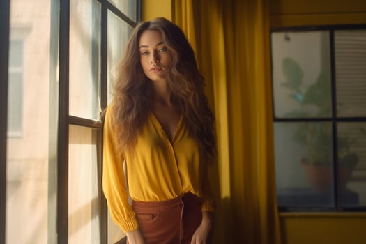 a woman with long hair and a yellow shirt is standi photo
