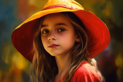 a young girl with a colorful hat and a red and yell photo
