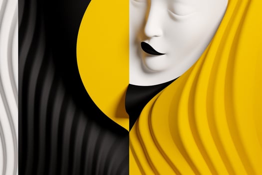 a yellow and black background with a black and wh photo