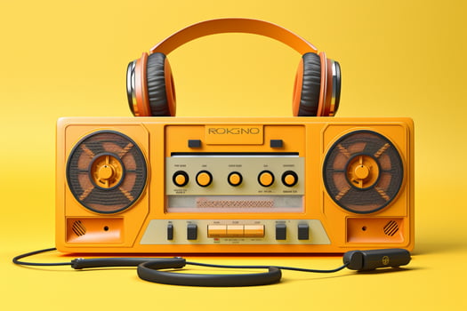 a yellow and orange cassette player with headphon photo