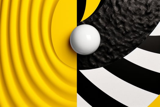 a yellow and black background with a black and wh photo
