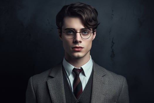 a young man wearing glasses with a grey suit and photo