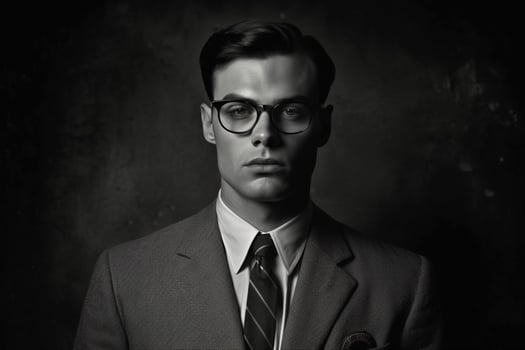 a young man wearing glasses with a grey suit and photo