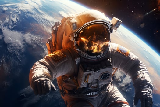 an astronaut in a space suit with a logo that sayss photo