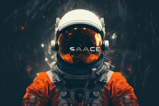 an astronaut in a space suit with a logo that say photo