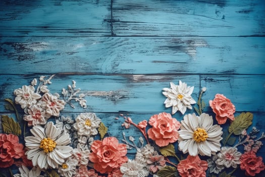flowers on a blue wooden background photo