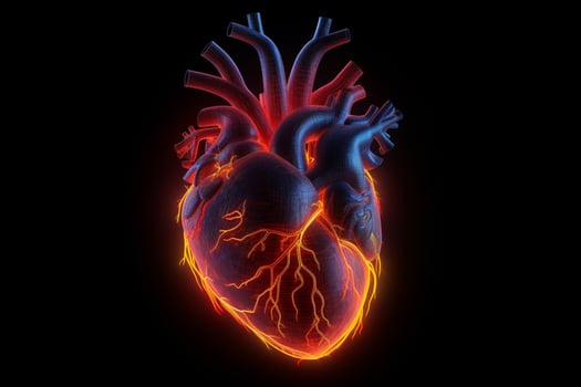 glowing lines at human heart 3d shape on dark backg photo