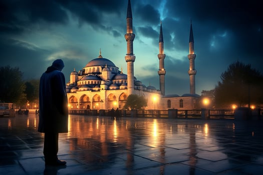 praying at the blue mosque at dusk photo