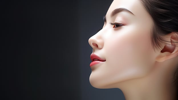 A woman with long hair and a red lip photo