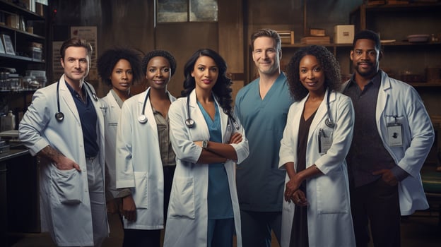 a group of doctors standing in front of a gray background. AI generative photo