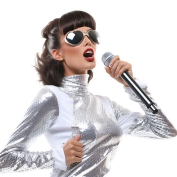 Model girl with microphone isolated photo