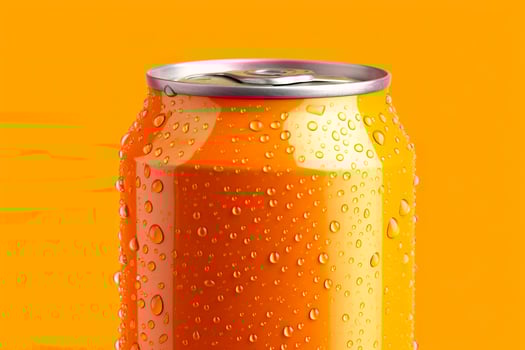 Can of fresh soda with water drops on orange background, closeup. Generative AI photo