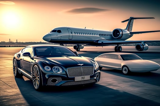 Super car and private jet on landing strip. Business class service at the airport. Business class transfer. Airport shuttle, AI Generative photo