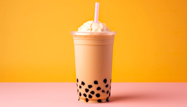 A bubble tea in a plastic cup. Generative AI photo