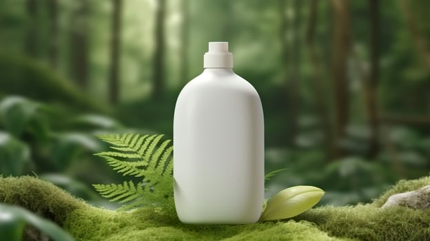 natural cosmetic product presentation backstage. outdoors forest placement. white blank jar shampoo bottle. 3d. AI Generative photo