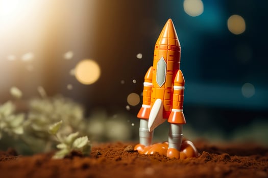 Toy rocket takes off business and finances success concept. AI Generative photo