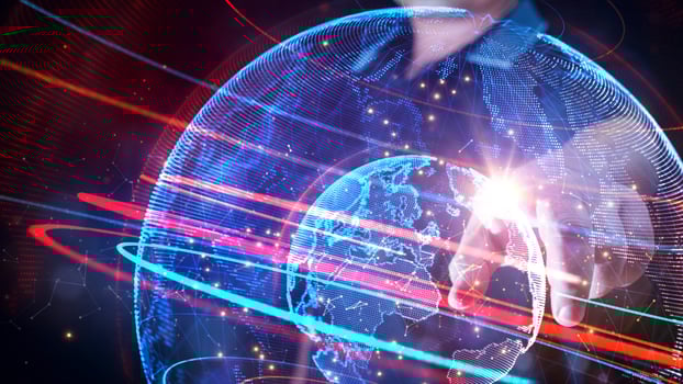 Double exposure of businessman touches global network data connection, Technology digital background concept. 3d rendering element photo
