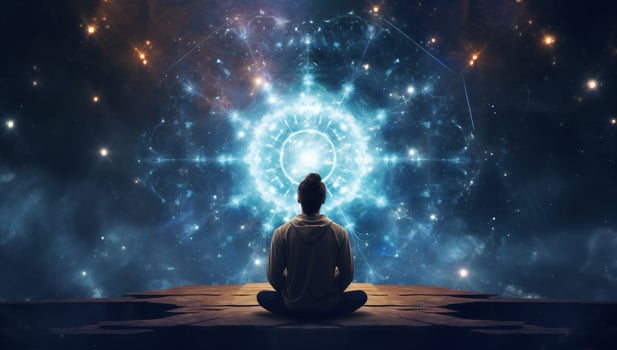 Zen person yoga infinity space spirituality star meditating aura universe energy lotus silhouette photo