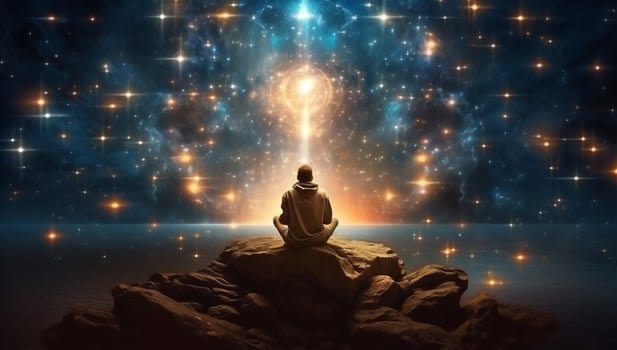 Human meditating buddhism zen universe lotus spirituality light space silhouette star energy yoga photo