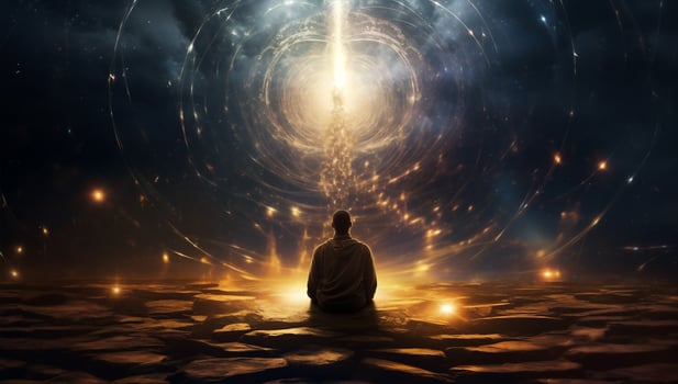 Yoga illustration relaxation zen lotus space energy universe star silhouette meditating spirituality science photo