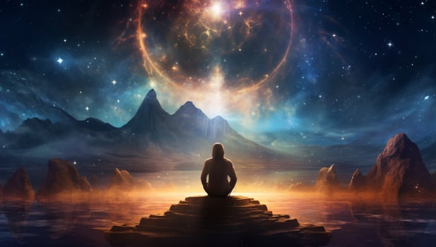 Space energy dream zen spirituality universe star yoga pose meditating silhouette female lotus photo