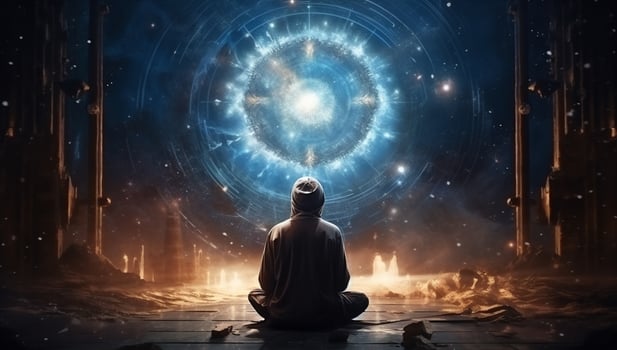Universe energy spirituality yoga meditating fantasy lotus zen galaxy fitness star space silhouette photo