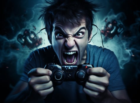 Man indoors shout technology joystick horror playing scream portrait sofa online gamer angry stress photo