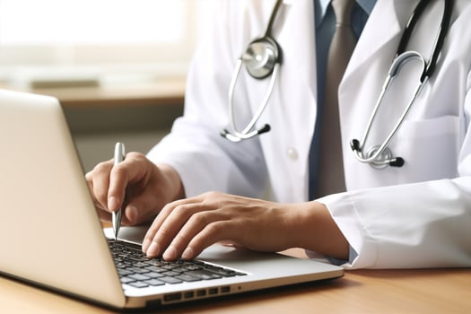 Clinic laptop stethoscope diagnosis holding hand physician medicine human computer doctor hospital service health photo