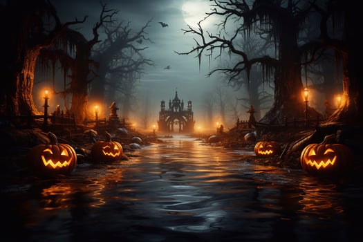 Scary looking pumpkins on the ground at halloween evening moon bats flying around trees. Generative ai photo