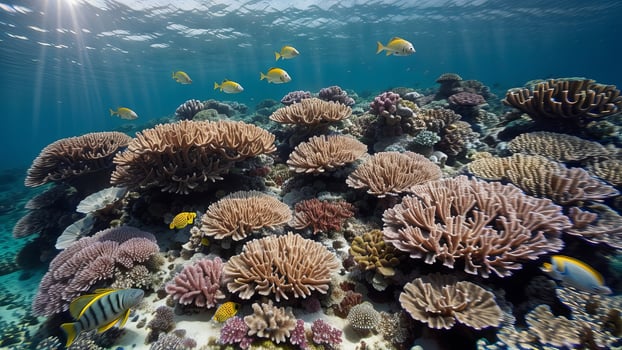 mesmerizing picture of a enthusiastic coral reef flooding with colorful point, turtles, and other marine life. photo