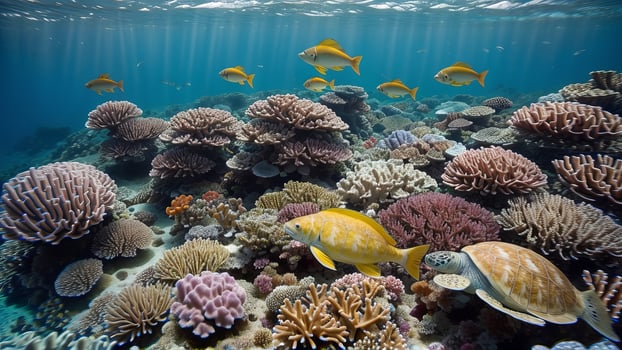 mesmerizing picture of a excited coral reef flooding with colorful point, turtles, and other marine life. photo