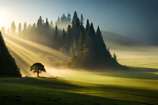 A calm morning see of a foggy timberland with bars of daylight entering through the trees. photo