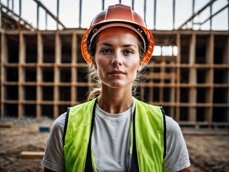 photo of woman as a construction worker with helmet, generative AI