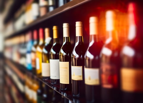 Abstract blur wine bottles on liquor alcohol shelves in supermarket store background. Generative AI photo