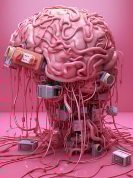 Big pink human brain with many audio jack cables plugged in this barin, 3d render, AI Generative photo