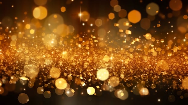 Abstract luxury gold background with gold particles. glitter vintage lights background. Christmas Golden light shine particles bokeh on dark background. Gold foil texture. Holiday.  AI Generative photo