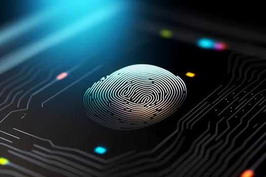 Fingerprint Authentication Button. Biometric Security. Identification and cyber security concept. Glowing neon fingerprint on dark background. AI Generative photo