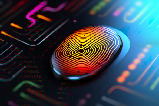Fingerprint Authentication Button. Biometric Security. Identification and cyber security concept. Glowing neon fingerprint on dark background. AI Generative photo