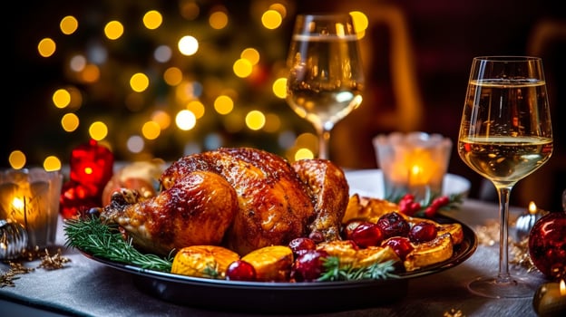 Juicy and tasty roast turkey on a plate with Christmas decorations. Roasted chicken with vegetables, Roast chicken party, all kinds of food, beer. AI Generative photo