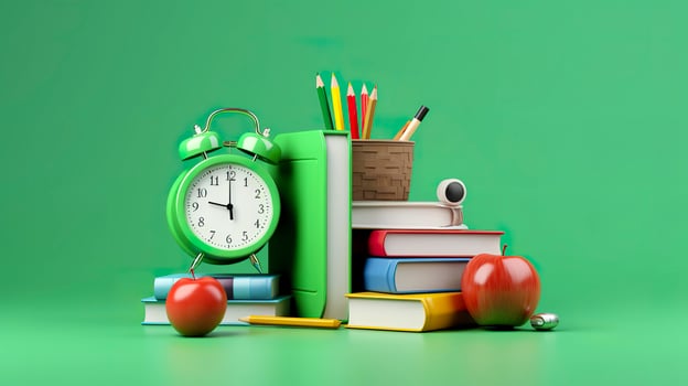 Pop art illustration of School accessories with apples, books, and an alarm clock on the School background. Back to school concept. 3D Rendering, AI Generative photo