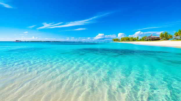 Tropical paradise beach with white sand and crystal clear blue water. Beautiful natural summer vacation holidays background. Travel tourism wide panorama background concept. AI Generative photo
