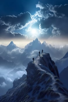 Man on top of mountain, walking through clouds, AI Generative photo