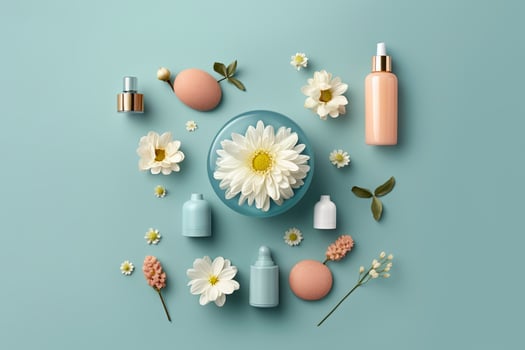 Fresh floral skincare concept. Top view flat lay of pump bottle, pipette, cream bottles, and tubes with flowers on pastel blue background with an empty circle for text or branding. AI Generative photo