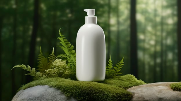 natural cosmetic product presentation backstage. outdoors forest placement. white blank jar shampoo bottle. 3d. AI Generative photo