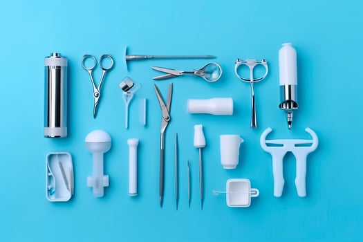 top view on various medical equipment, light blue background, copy space, AI Generative photo