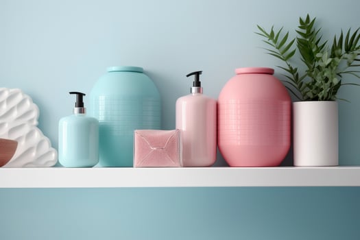 A pastel bathroom shelf with pink skincare products, copy space, banner, pink and pastel blue bright palette, barbiecore. AI Generative photo